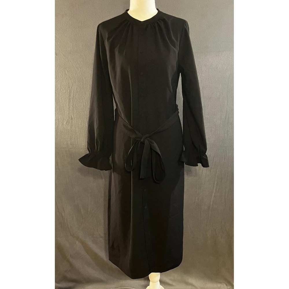 J.Crew Black Button Front Midi Shirt Dress with Tie Waist and Ruffle Cuffs S